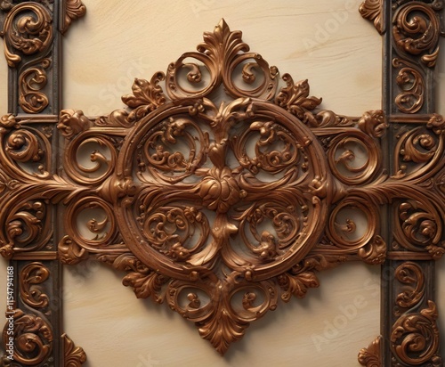 Bronze ornamentation featuring a scroll motif, intricate carvings, decorative elements