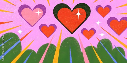 Cartoon-style hearts in red and pink with star details on a vibrant pink background. Playful Valentine's Day illustration