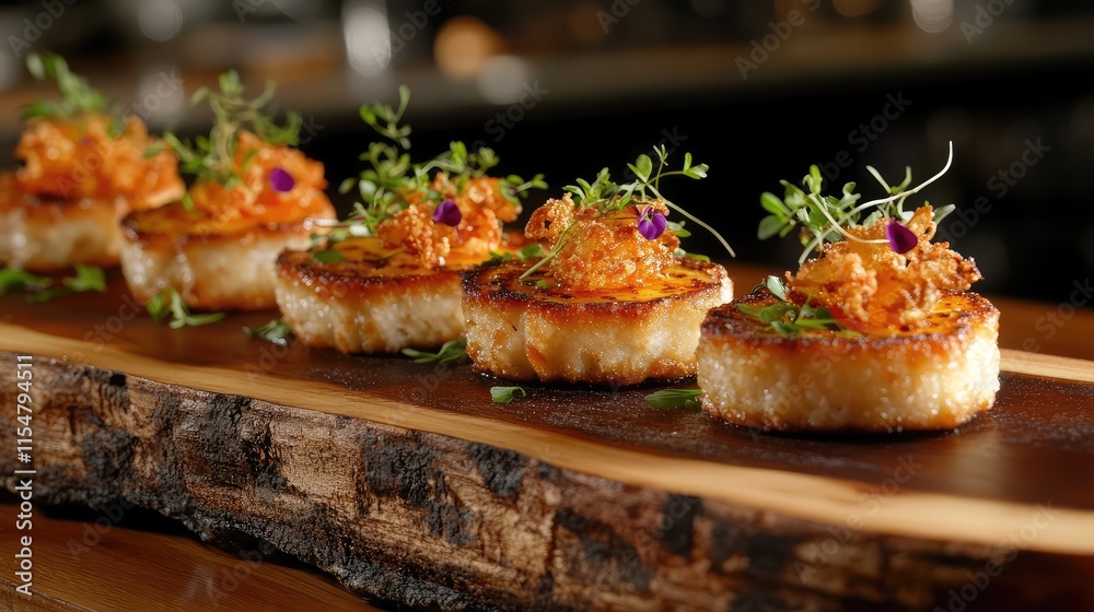Elegant Display of Gourmet Scallops on a Wooden Serving Board Elegant Display of Gourmet Scallops on a Wooden Serving Board
