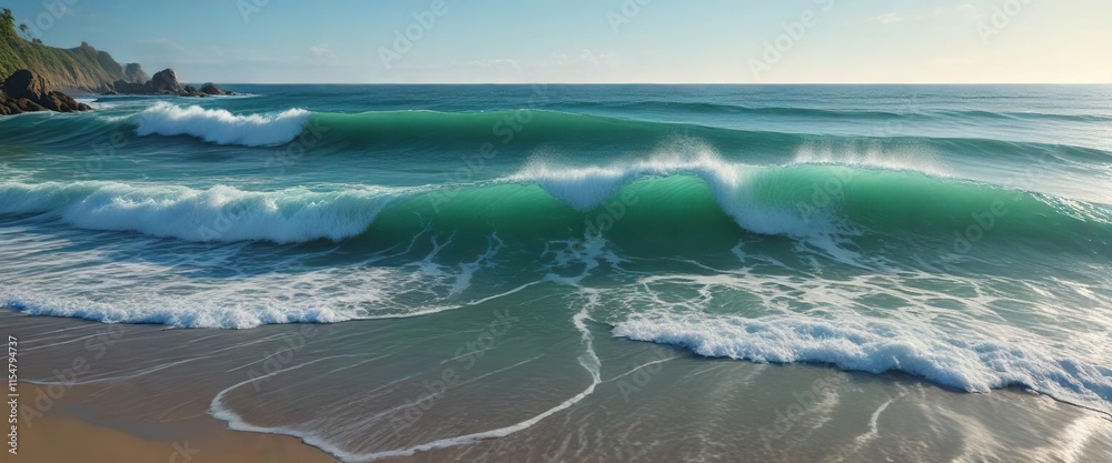 Obraz premium Calming ocean waves in shades of blue and green, gentle and soothing like a peaceful morning , green, calm, serene