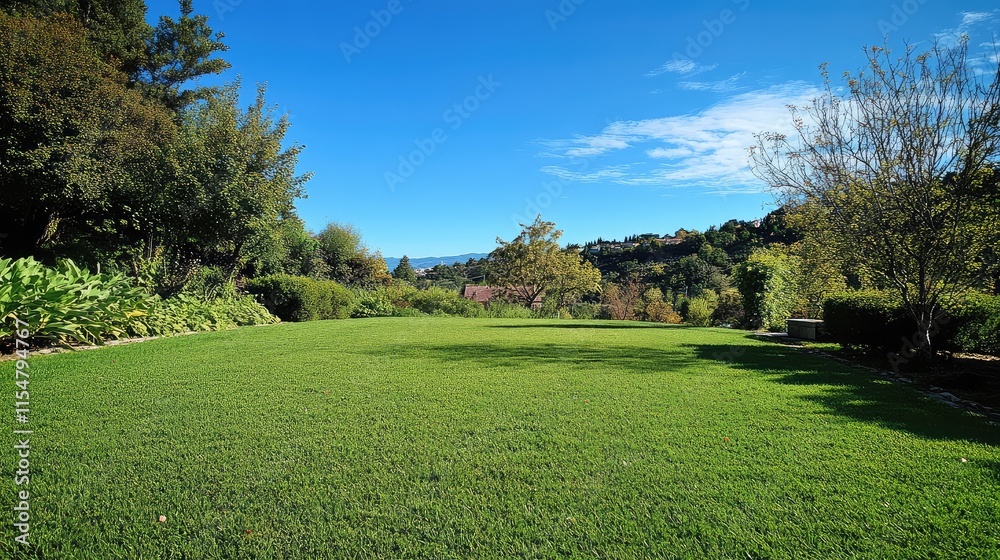 Lush Green Landscape with Clear Blue Sky and Scenic Mountain View Lush Green Landscape with Clear Blue Sky and Scenic Mountain View