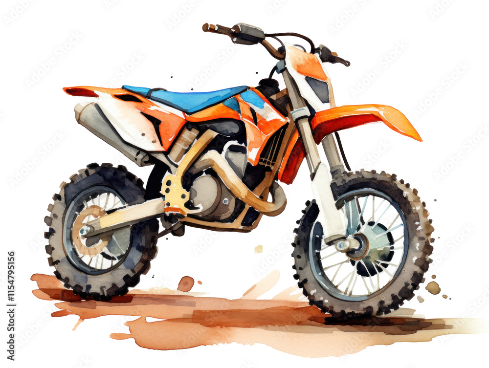 Fototapeta premium Vibrant Watercolor Illustration of a Dirt Bike in Dynamic Angle for Sports and Adventure Enthusiasts