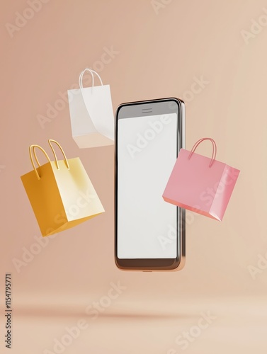 Shopping bags flying around a smartphone showcasing the future of online retail experiences