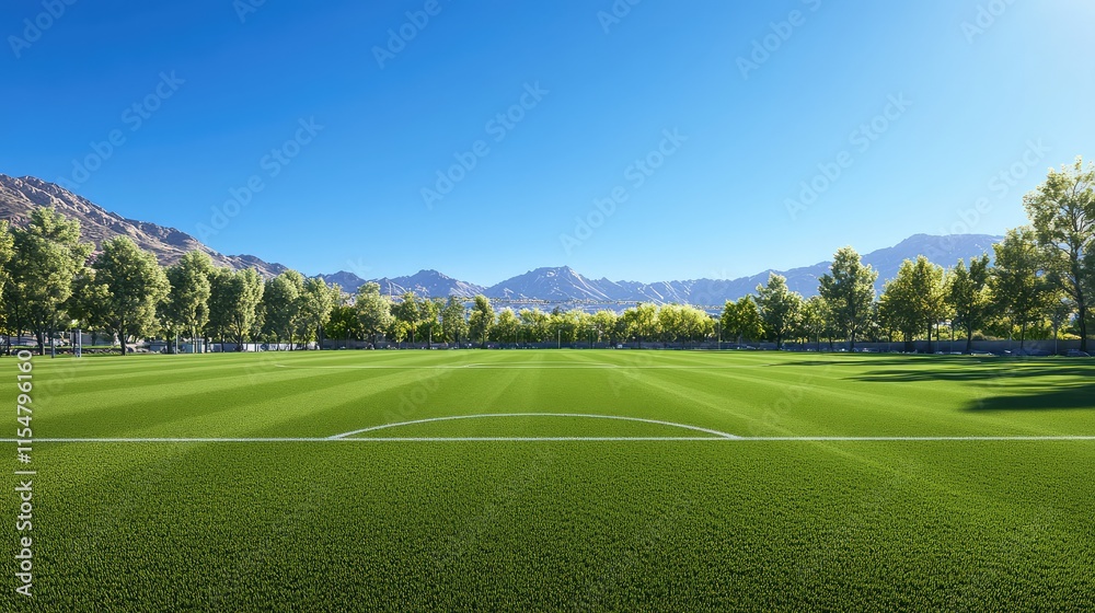 Beautiful Green Soccer Field Surrounded by Mountains and Trees