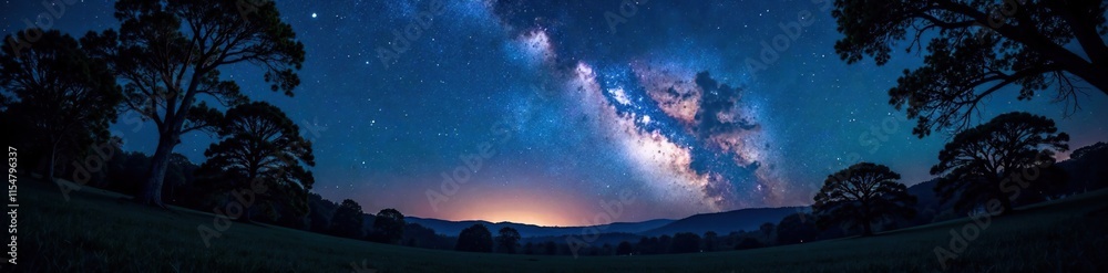 Fototapeta premium Darkened landscape under starry night sky with Milky Way arch shining through branches of trees, shadow, branches, darkness