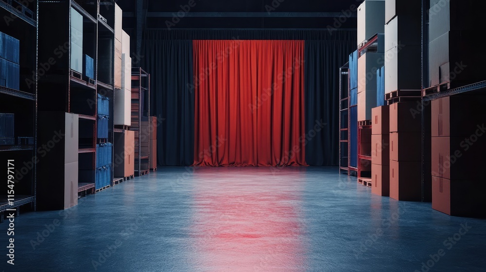 Fototapeta premium Dramatic Warehouse Interior with Red Curtain and Stacked Boxes