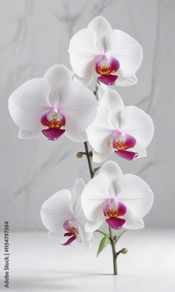 Fototapeta premium delicate orchid blooms on a pristine white surface, detail, blue orchid, nature