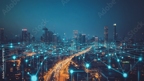 Wallpaper Mural Smart digital Innovation city with connection network reciprocity over the cityscape. of future smart wireless city and social media networking systems that connects business people with in city Torontodigital.ca