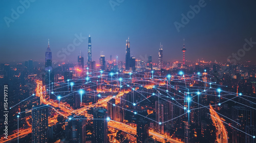 Wallpaper Mural Smart digital Innovation city with connection network reciprocity over the cityscape. of future smart wireless city and social media networking systems that connects business people with in city Torontodigital.ca