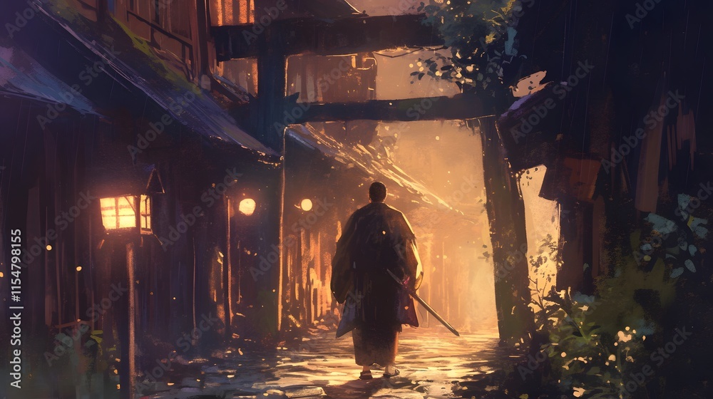 Fototapeta premium A samurai stands in an old alley, night setting.