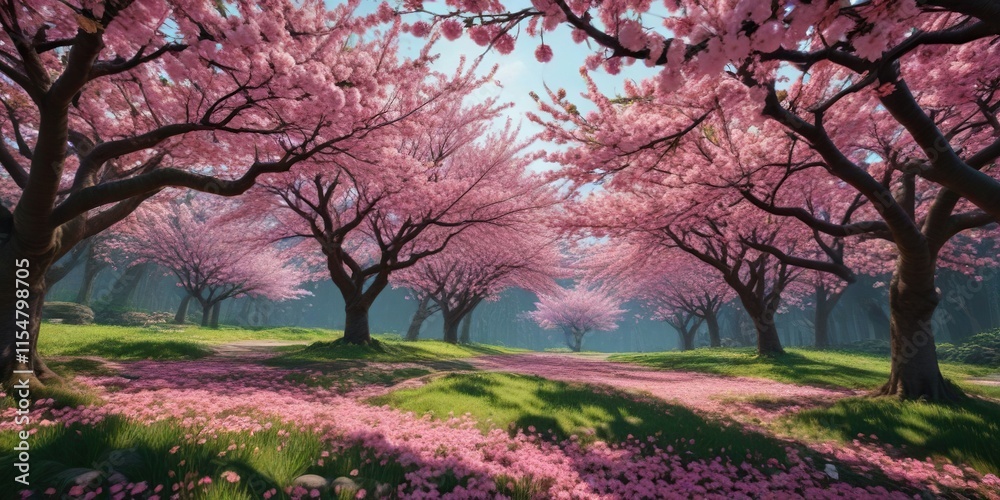 Obraz premium dramatic shot of cherry blossom trees in bloom with vibrant pink flowers and lush green foliage, cherry blossom fields, floral landscapes, nature's wonder