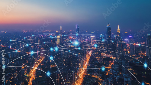 Wallpaper Mural Smart digital Innovation city with connection network reciprocity over the cityscape. of future smart wireless city and social media networking systems that connects business people with in city Torontodigital.ca