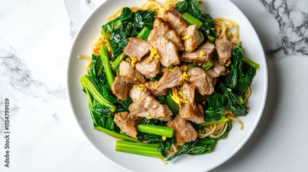 Delicious Stir-Fried Noodles with Pork and Fresh Greens Dish Delicious Stir-Fried Noodles with Pork and Fresh Greens Dish