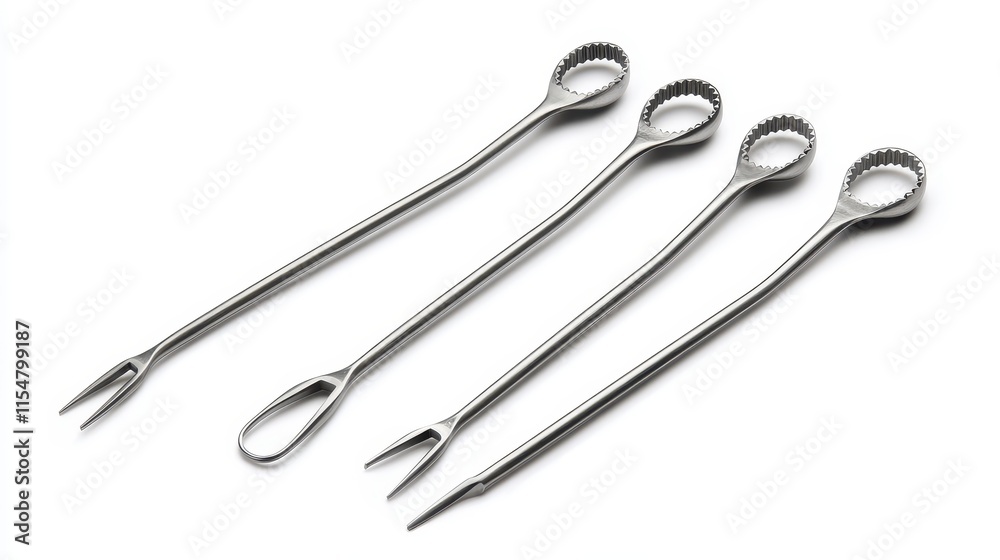 Four metallic surgical instruments with varying tips and serrated shafts, isolated on white. Four metallic surgical instruments with varying tips and serrated shafts, isolated on white.