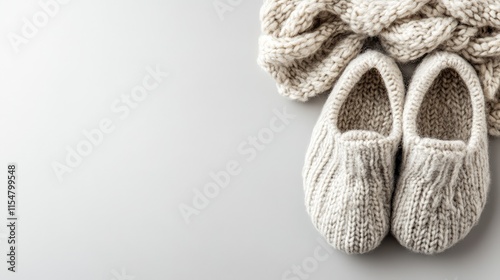 Cozy Knitted Slippers and Soft Woolen Scarf on Light Background photo