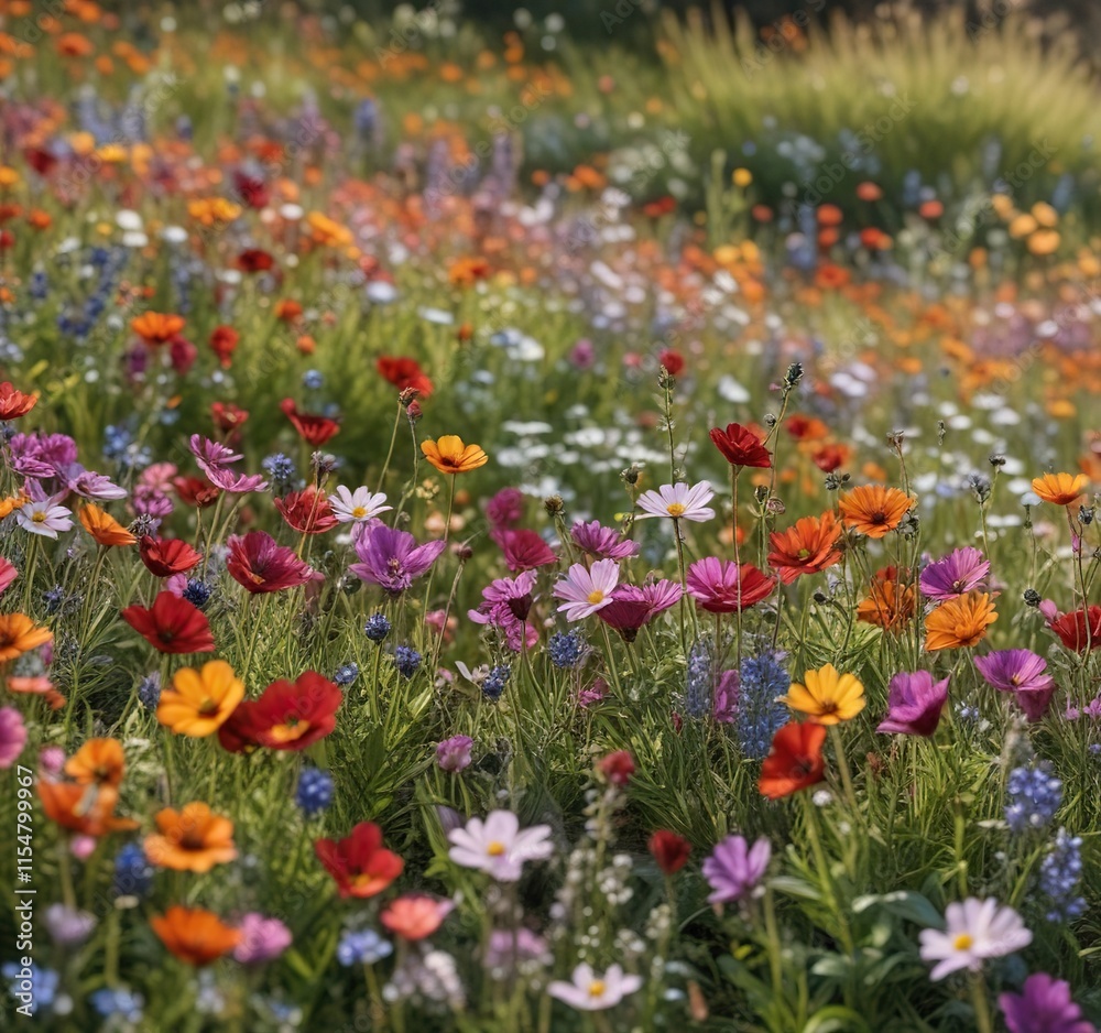 Field of vibrant wildflowers swaying gently in the spring breeze, yellow petals, orange hues Field of vibrant wildflowers swaying gently in the spring breeze, yellow petals, orange hues