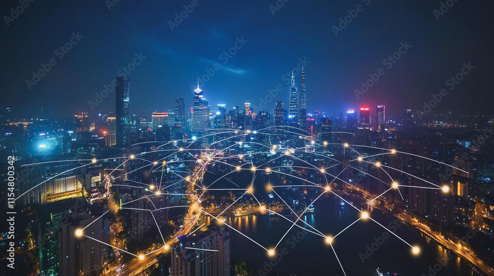 Fototapeta premium Smart digital Innovation city with connection network reciprocity over the cityscape. of future smart wireless digital city and social media networking systems that connects people with in city