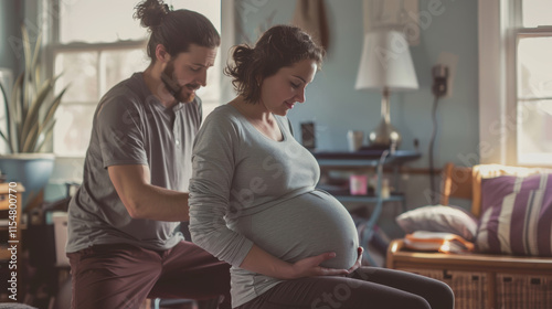 Expecting Parents in Birthing Class Practicing Techniques with Instructor Guidance