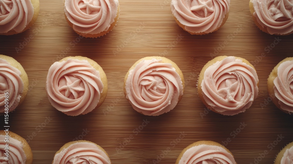 Delicious Pink Frosted Cupcakes Arranged on a Wooden Surface Delicious Pink Frosted Cupcakes Arranged on a Wooden Surface
