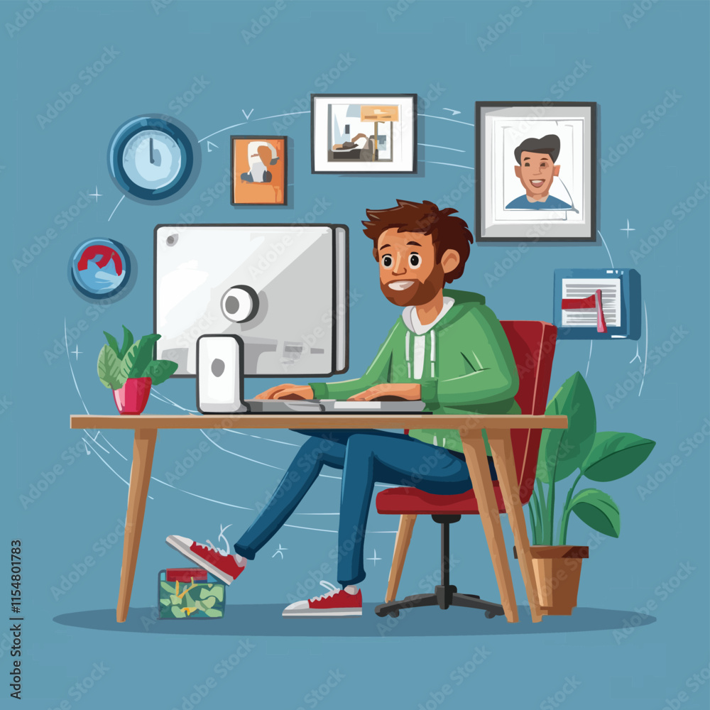 Naklejka premium Freelancer sitting by computer working from home Victor Art with cartoon