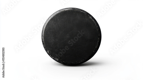 A simple black hockey puck on a white background, showcasing its round shape and smooth surface.