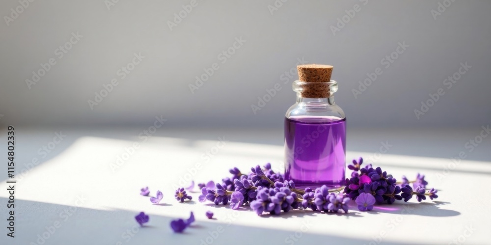 A Small Glass Bottle of Lavender Essential Oil with Fresh Blossoms on a White Surface in Soft Sunlight A Small Glass Bottle of Lavender Essential Oil with Fresh Blossoms on a White Surface in Soft Sunlight