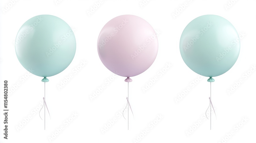 98.Set of pastel helium balloons in round shapes, featuring soft colors like pale pink, mint green, and lavender; the 3D design provides a smooth, realistic look for elegant decor.