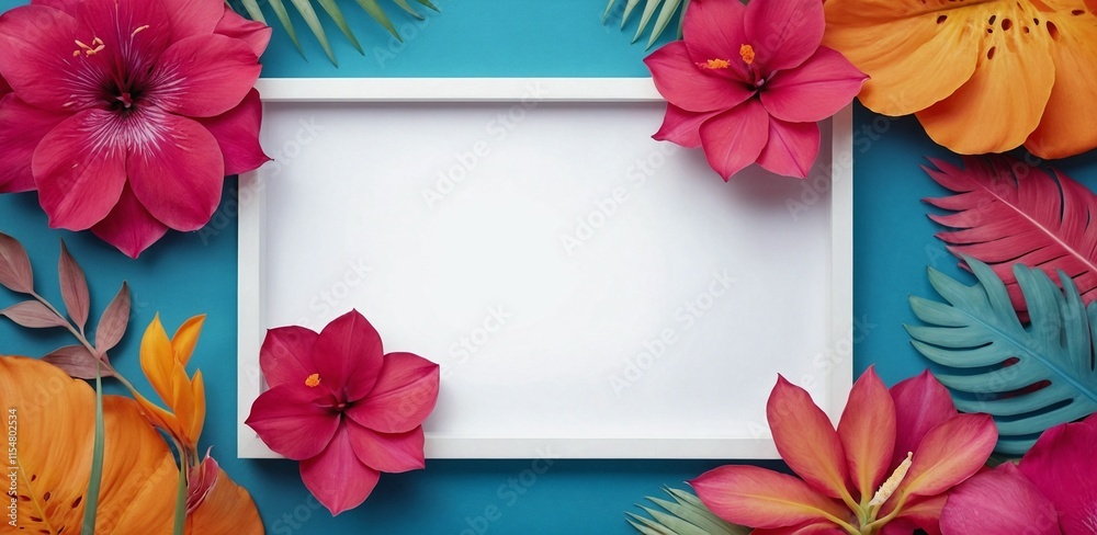 Decorative tropical floral frame with shades of pink, orange, and blue. Invitations, flyers, posters with room for personalized text.

