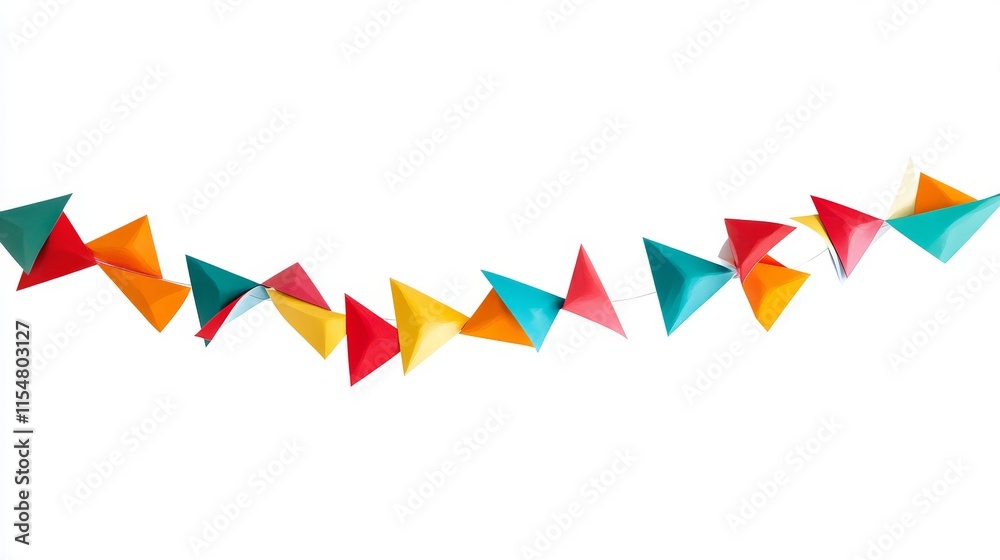 30.Festive triangle pennant garland in various bold colors, arranged in a wavy line to show motion; isolated on white for easy use in banners, this bright decoration brings a cheerful vibe to any 30.Festive triangle pennant garland in various bold colors, arranged in a wavy line to show motion; isolated on white for easy use in banners, this bright decoration brings a cheerful vibe to any