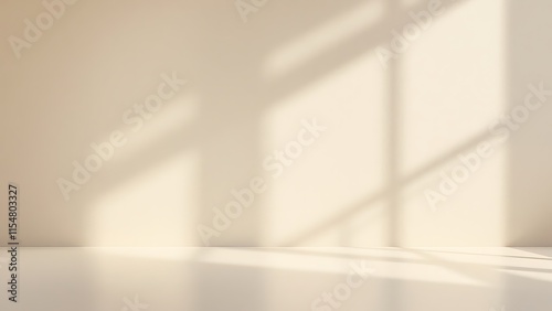 Backdrop light beige podium display for product. Interior room with sunlight and shadows on beige concrete wall surface photo