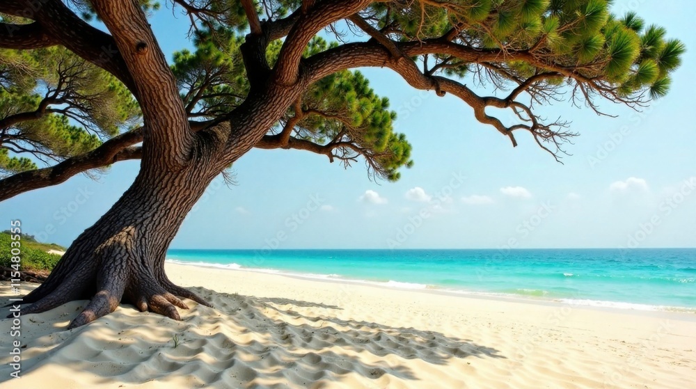 Serene Coastal Scene Majestic Tree Providing Shade on a Pristine Sandy Beach with Turquoise Waters Serene Coastal Scene Majestic Tree Providing Shade on a Pristine Sandy Beach with Turquoise Waters