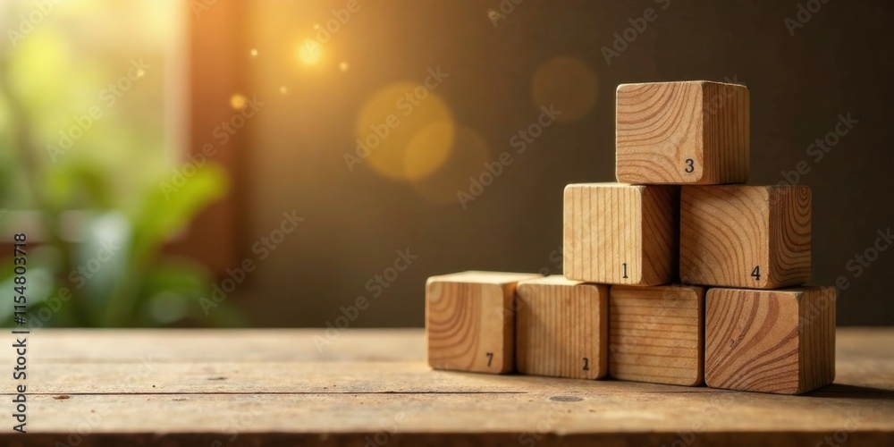 Wooden blocks arranged in a pyramid shape on a rustic wooden surface, bathed in warm sunlight filtering through a window, creating a serene and inspiring setting. Wooden blocks arranged in a pyramid shape on a rustic wooden surface, bathed in warm sunlight filtering through a window, creating a serene and inspiring setting.