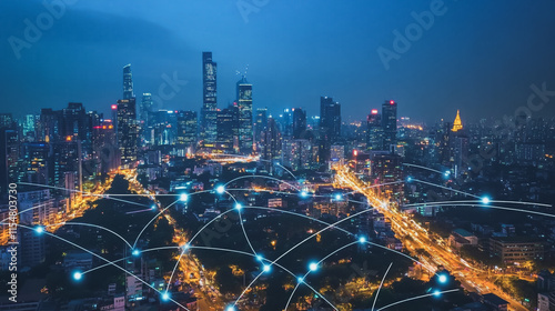 Wallpaper Mural Smart digital city with connection cyber security network reciprocity over the cityscape . future smart wireless digital city and social media networking systems that connects people within the city Torontodigital.ca
