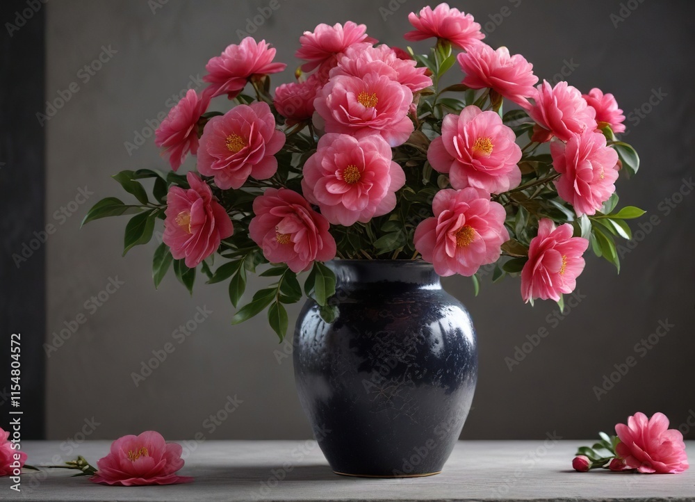 Large showy Camellia japonica flowers in a vase, vase, pink Large showy Camellia japonica flowers in a vase, vase, pink