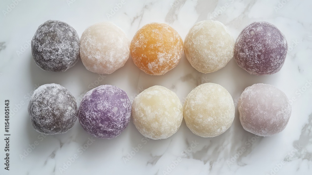 Colorful Mochi Balls Arrangement on Marble Background Colorful Mochi Balls Arrangement on Marble Background