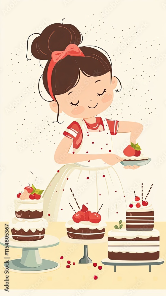 Girl Decorates Delicious Cakes With Berries And Cream Girl Decorates Delicious Cakes With Berries And Cream