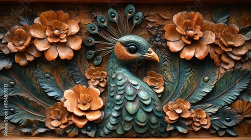 Wallpaper Mural Intricate Wooden Peacock Carving with Floral Accents Torontodigital.ca