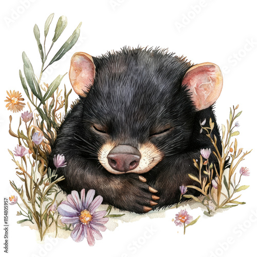 Charming Illustration of a Tasmanian Devil Nestled Among Colorful Wildflowers in a Serene Natural Setting photo