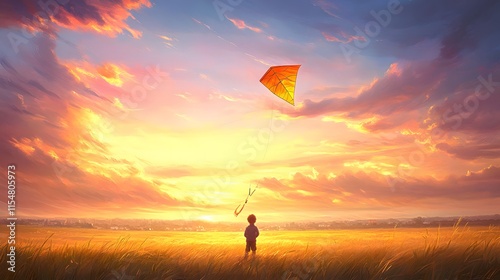 Child flying kite at sunset open field digital artwork vibrant sky back view freedom and adventure