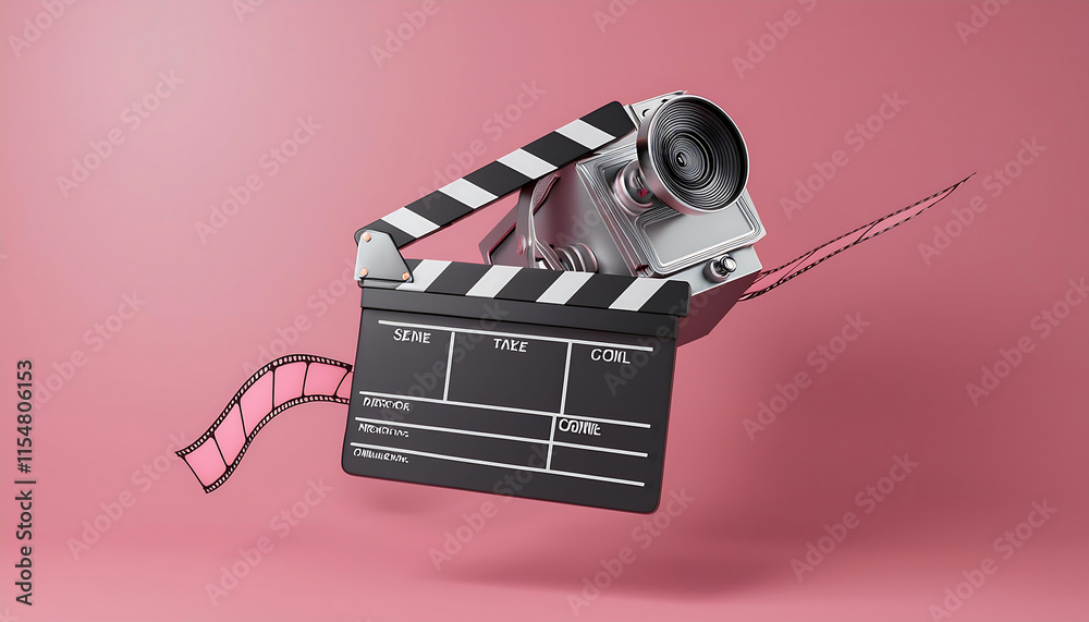vintage movie camera and movie clapper board floating