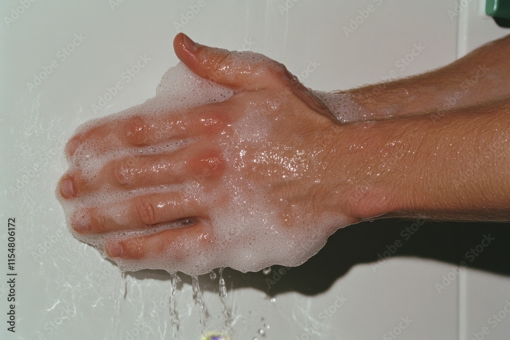 Fototapeta premium A healthcare professional washing their hands with soap and water in a bright, sterile medical setting