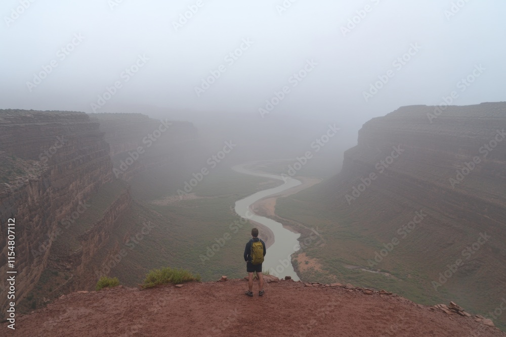 Obraz premium A lone backpacker standing on a cliff edge, staring at a winding river snaking through a vast canyon landscape