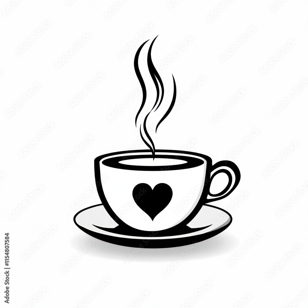 Simple black and white illustration of a coffee cup with steam and a heart design, on a saucer, with a drop shadow. Simple black and white illustration of a coffee cup with steam and a heart design, on a saucer, with a drop shadow.
