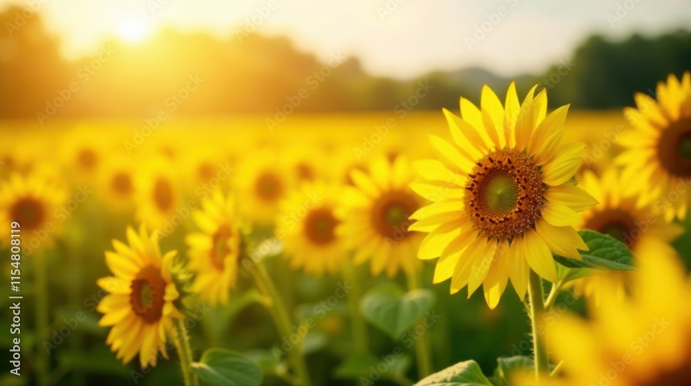 Fototapeta premium Golden Hour Sunflowers in a Vibrant Field Basking in the Warmth of the Setting Sun's Rays