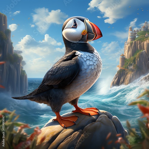 Puffin perched on rock overlooking ocean and cliffs.
