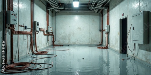 Industrial Facility Interior Reflective Floor, Exposed Piping, and Electrical Panels