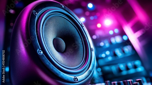 Close-up of a studio monitor speaker with vibrant pink and blue lighting. photo