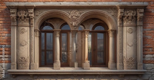 Roman window with ornate moldings and carvings, architrave, roman architecture, pediment photo