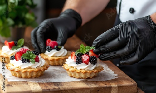 a chef wearing black rubber gloves preparing delicious fruit tarts