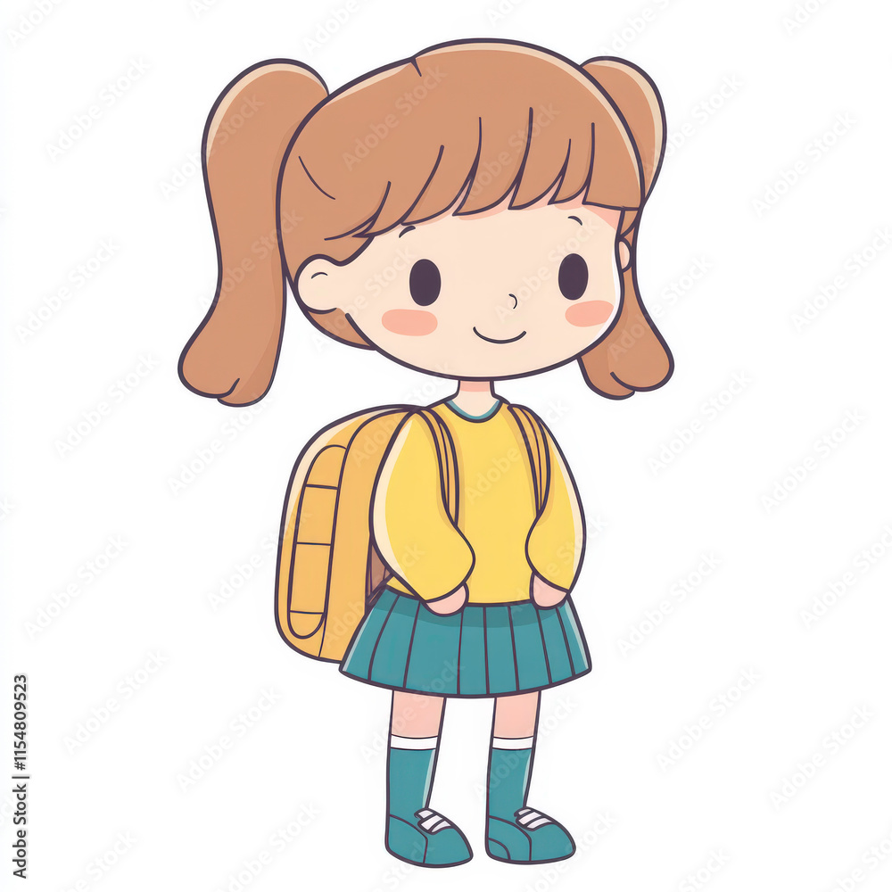 Cute cartoon girl with pigtails wearing a yellow sweater and green skirt, carrying a backpack, cheerful expression, suitable for children's design and education Cute cartoon girl with pigtails wearing a yellow sweater and green skirt, carrying a backpack, cheerful expression, suitable for children's design and education